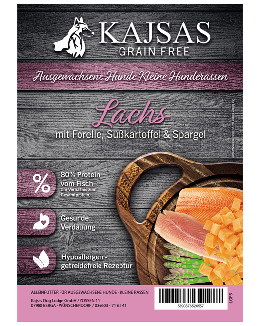 Lachs mit Forelle, Süßkartoffel & Spargel – Grain Free für ausgewachsene, kleine Rassen