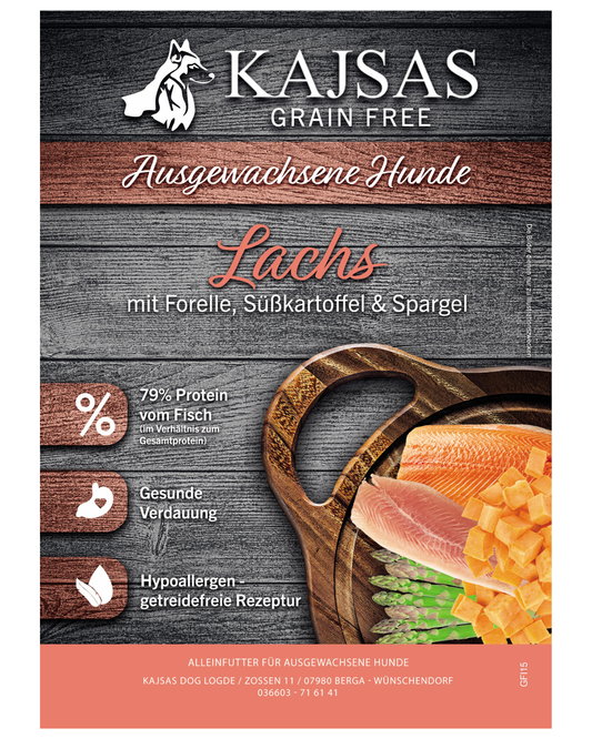 Lachs mit Forelle, Süßkartoffel & Spargel – Grain Free für ausgewachsene Hunde