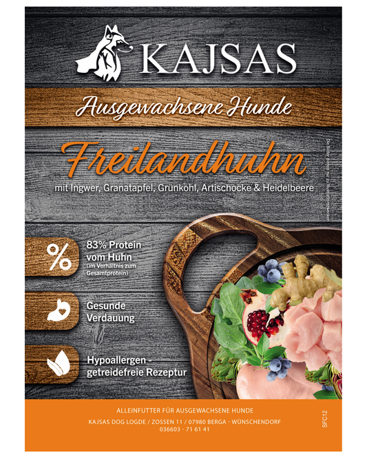 Freilandhuhn mit Ingwer, Granatapfel, Grünkohl, Artischocke & Heidelbeere – Superfood 65 für ausgewachsene Hunde