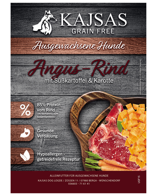 Angus-Rind mit Süßkartoffel & Karotte – Grain Free für ausgewachsene Hunde