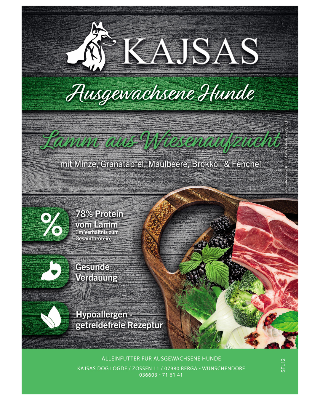 Lamm aus Wiesenaufzucht mit Minze, Granatapfel, Maulbeere, Brokkoli & Fenchel – Superfood 65 für ausgewachsene Hunde