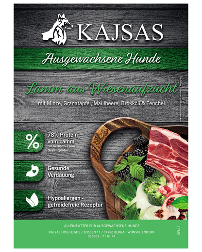 Lamm aus Wiesenaufzucht mit Minze, Granatapfel, Maulbeere, Brokkoli & Fenchel – Superfood 65 für ausgewachsene Hunde