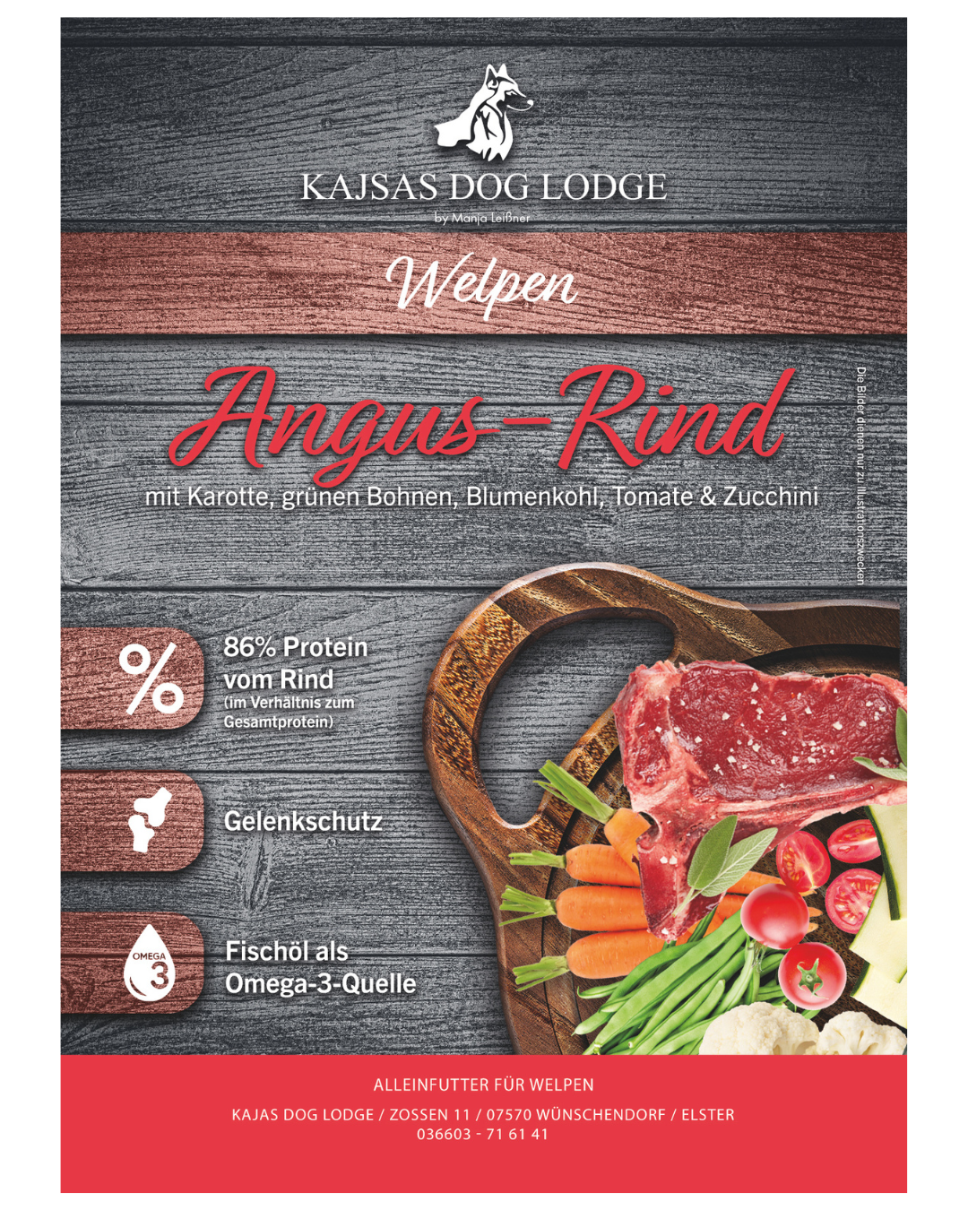 Angus-Rind mit Karotte, grünen Bohnen, Blumenkohl, Tomate & Zucchini – Superfood 65 für Welpen