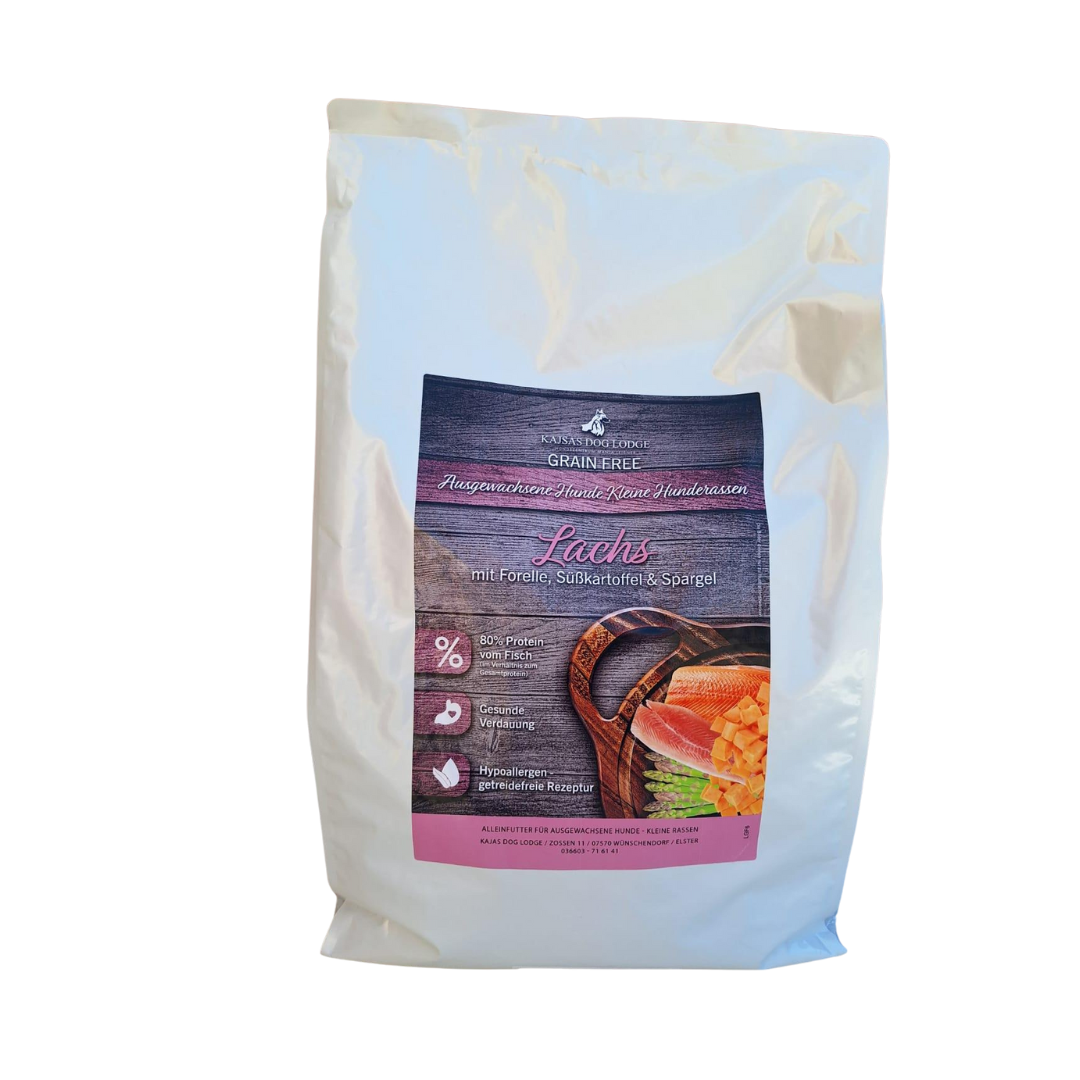 Lachs mit Forelle, Süßkartoffel & Spargel – Grain Free für ausgewachsene, kleine Rassen